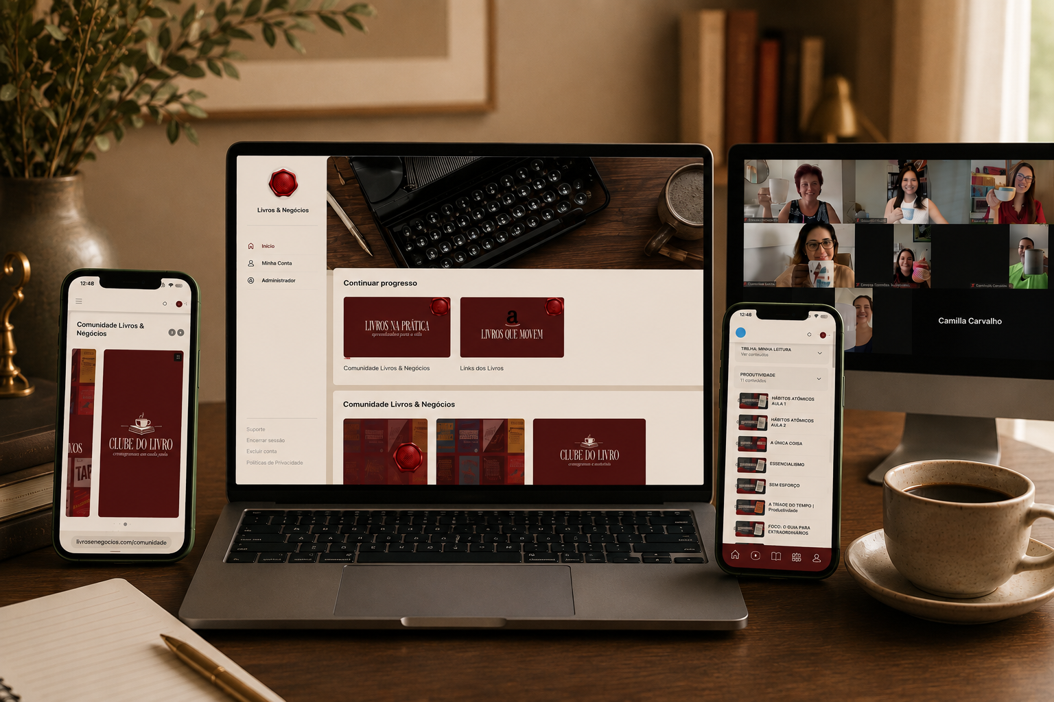 Plataforma da Livros & Negócios em desktop, tablet e celular com aulas e comunidade