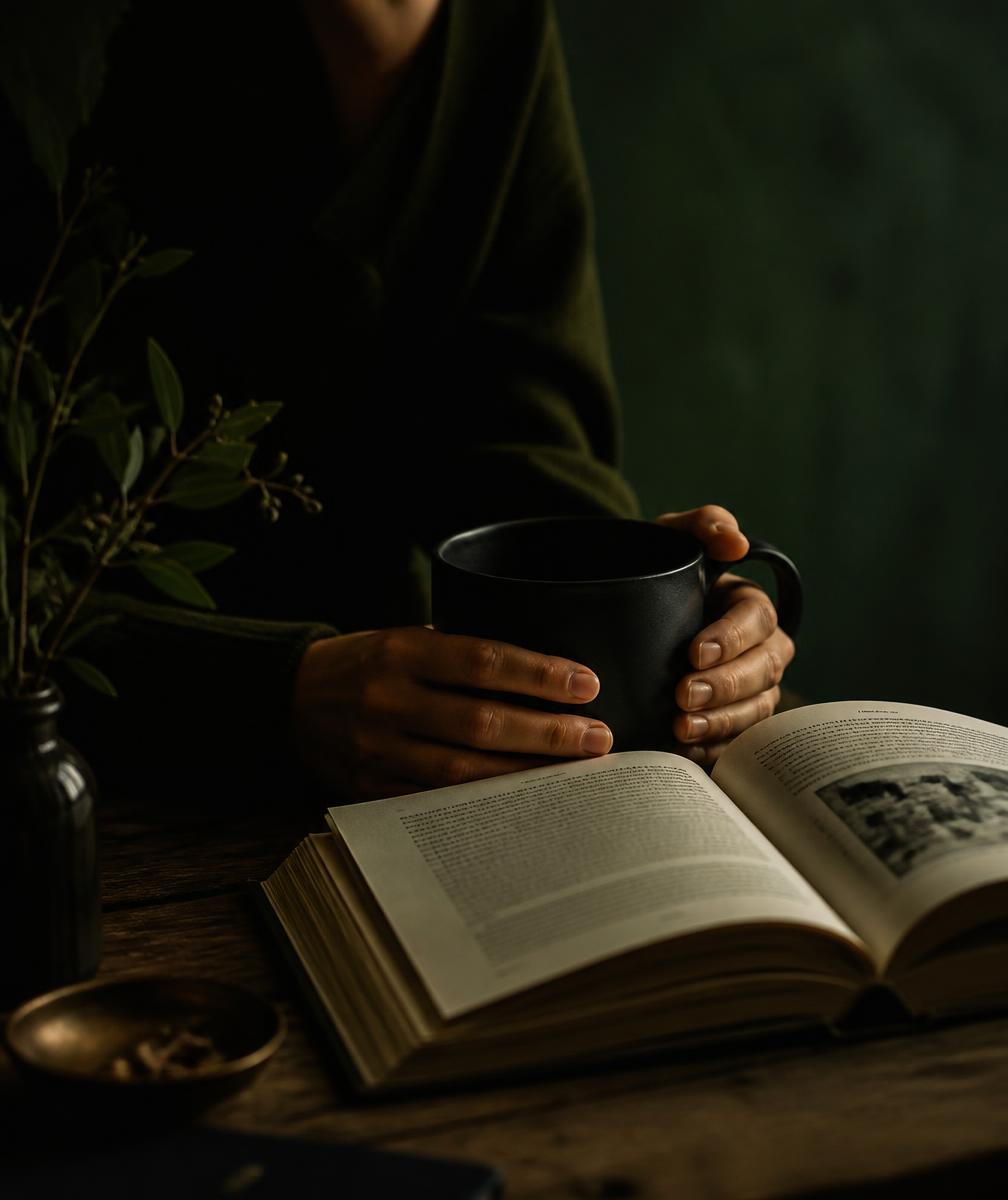 Mãos segurando uma caneca sobre um livro aberto